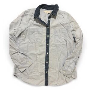 LOFT Contrast Collar Shirt | Light Blue Poplin with Navy Denim Trim | Size M